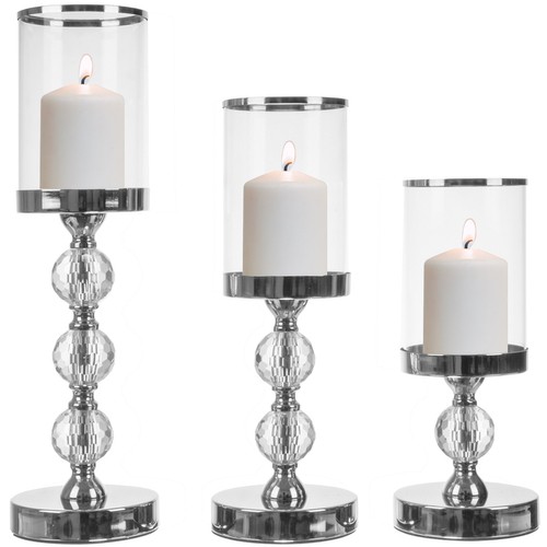 Set de 3 Sfeșnice-Lanterne, Argintiu/Transparent, Metal și Sticlă, Înălțimi Diferite