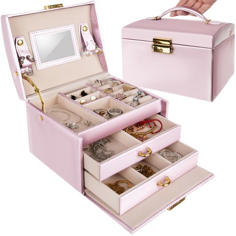 Cutie de bijuterii, 3 sertare, Model Cufar, Roz