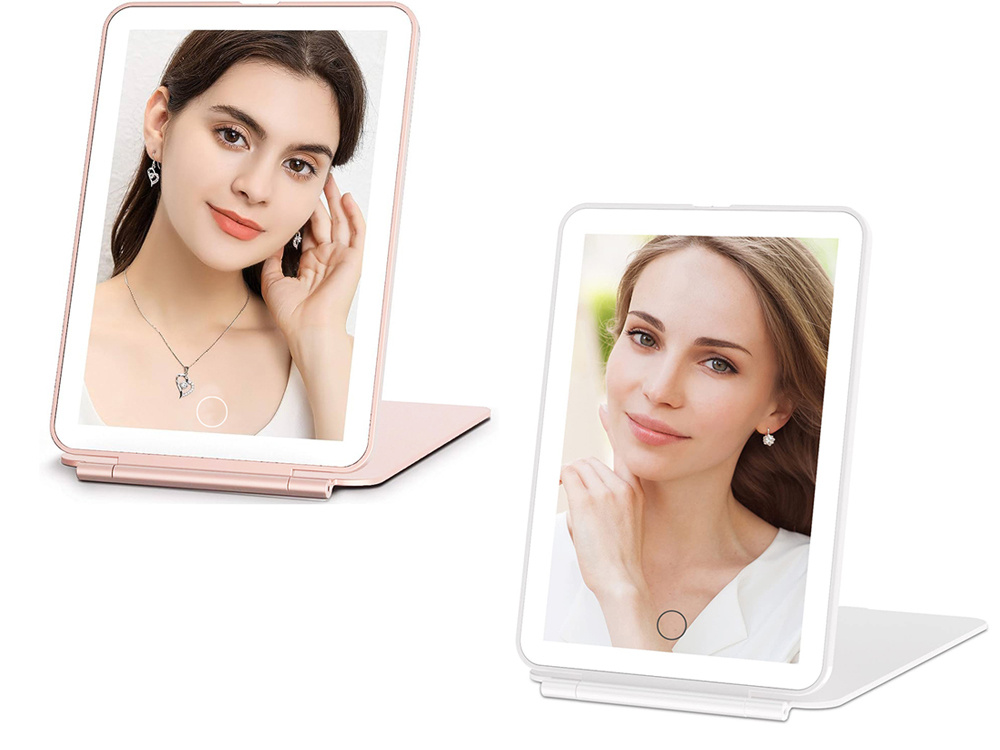 Oglindă Cosmetică LED Iluminată, Touch, Reîncărcabilă, Roz, 13.5 x 20 cm