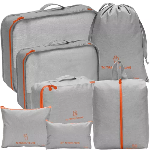 Organizator de călătorie pentru valiză, set de 7 piese, culoare gri/orange, material poliester, dimensiuni multiple, ideal pentru haine, încălțăminte, cosmetice, documente