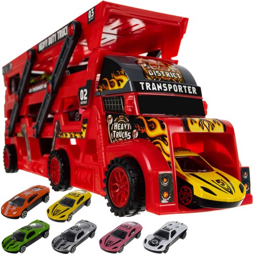 Set Camion de Remorcare cu Lansator și 6 Mașinuțe, Roșu/Negru, Funcție Pliabilă